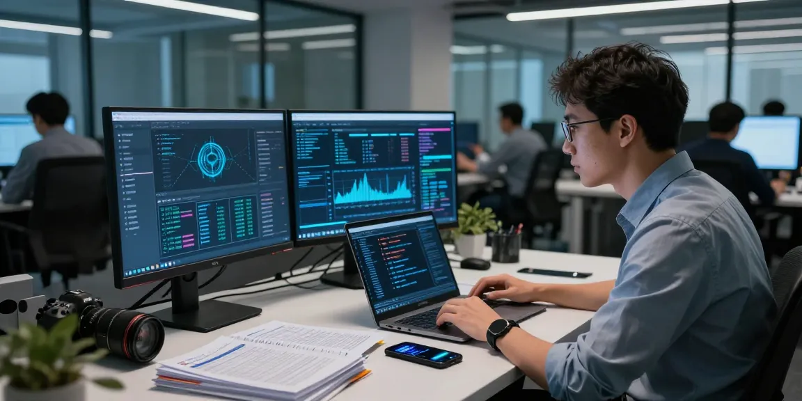 Cybersecurity expert recovering stolen cryptocurrency in a modern tech workspace with dual monitors and blockchain analytics.