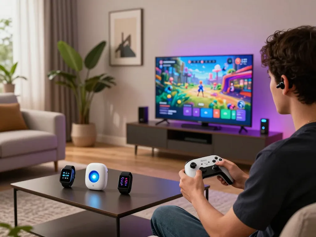 Enjoying trending tech gadgets like the 8BitDo Ultimate 2 controller in a modern living room setup.