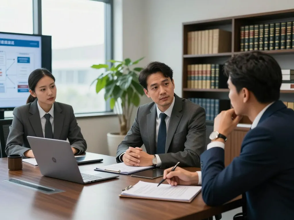 Lawyer providing US legal representation to a client in a modern office setting.