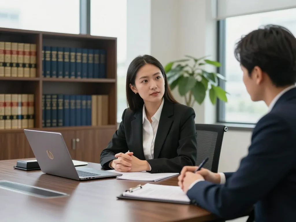 USA lawyers consulting clients in a modern law office setting, featuring legal documents and warm atmosphere.