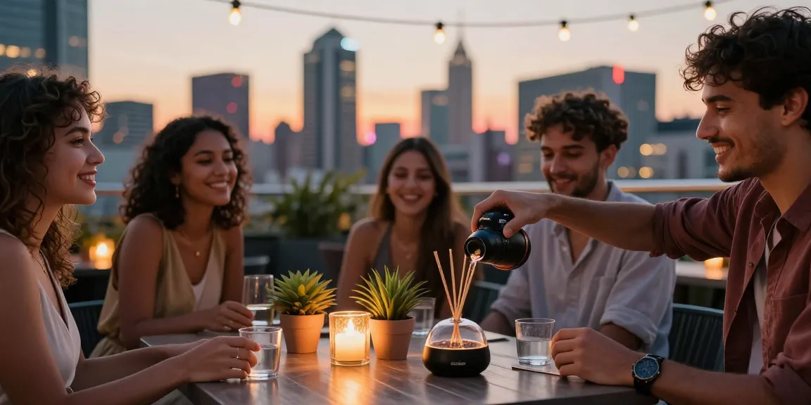 Friends using liquid incense-usa at a rooftop lounge with city skyline.