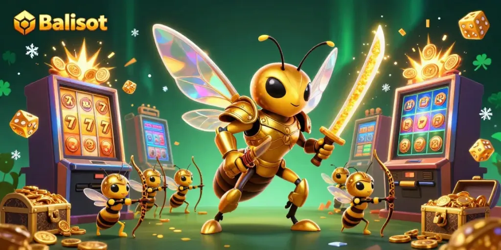 Balislot features a vibrant 3D cartoon illustration of a golden hornet in samurai armor alongside bee archers, amidst a slot machine jackpot, representing casino excitement.