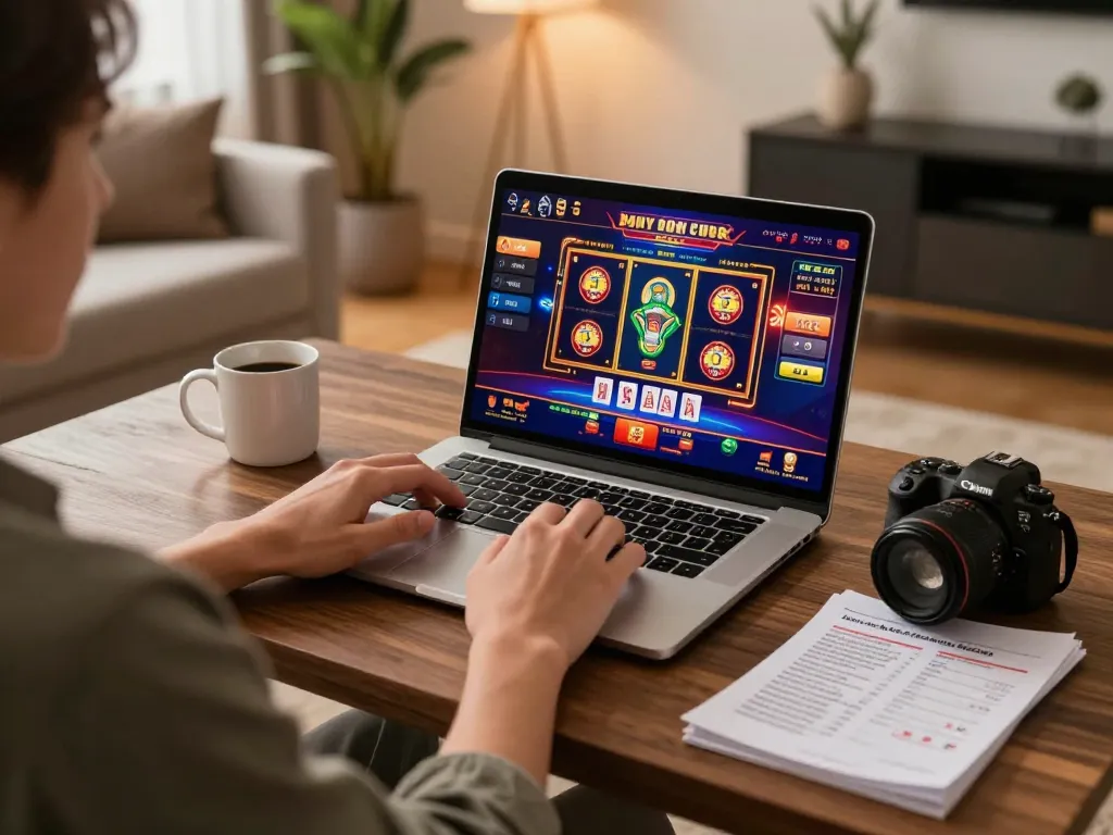 Engaging in vipwin online casino gaming at a stylish home setup, showcasing vibrant interface.