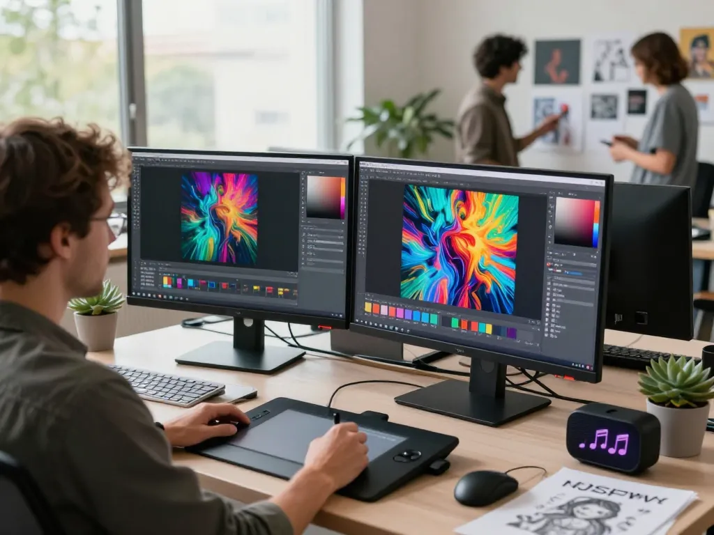 Artist creating vibrant NSFW AI-generated imagery in a modern studio setting with dual monitors and digital tools.