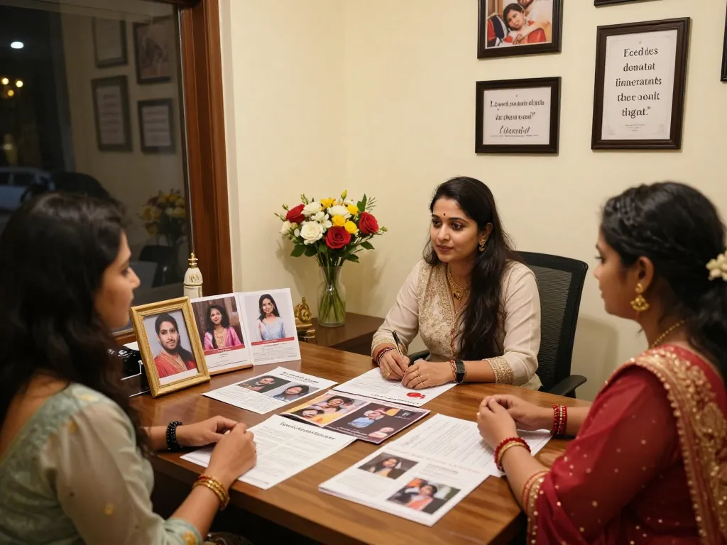 Couple consulting about rishta juharbad at a welcoming marriage bureau.