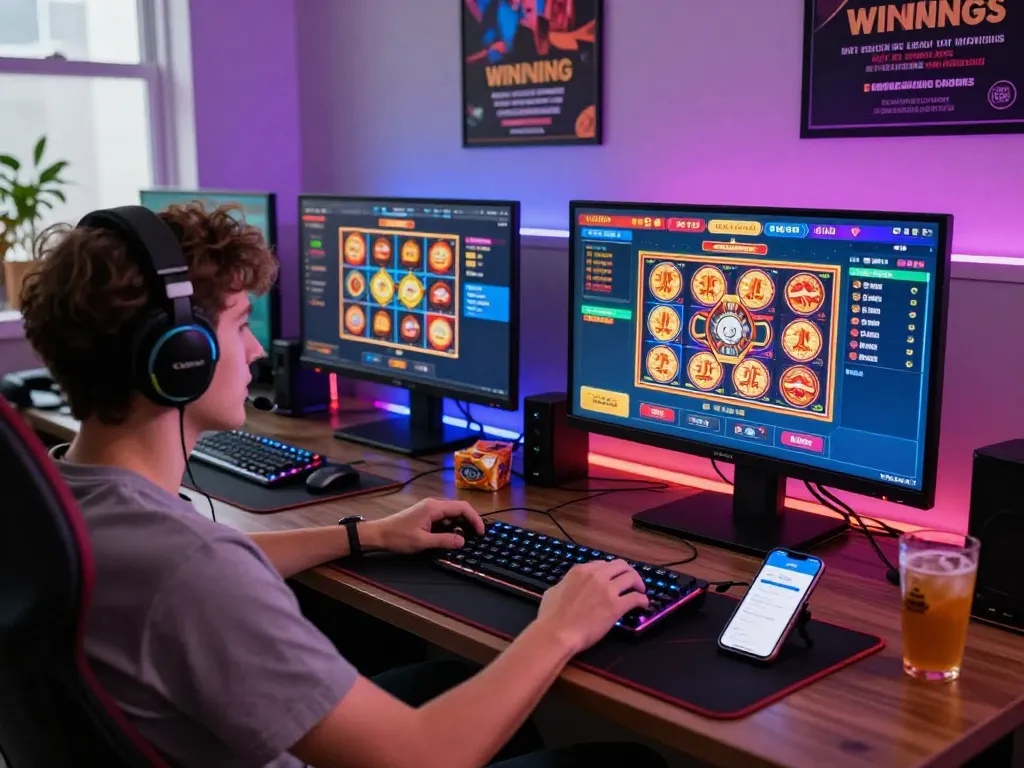 Engaging scene of online gambling with MM88 gaming setup, multiple screens displaying vibrant casino interface, snacks and drinks enhancing user experience.
