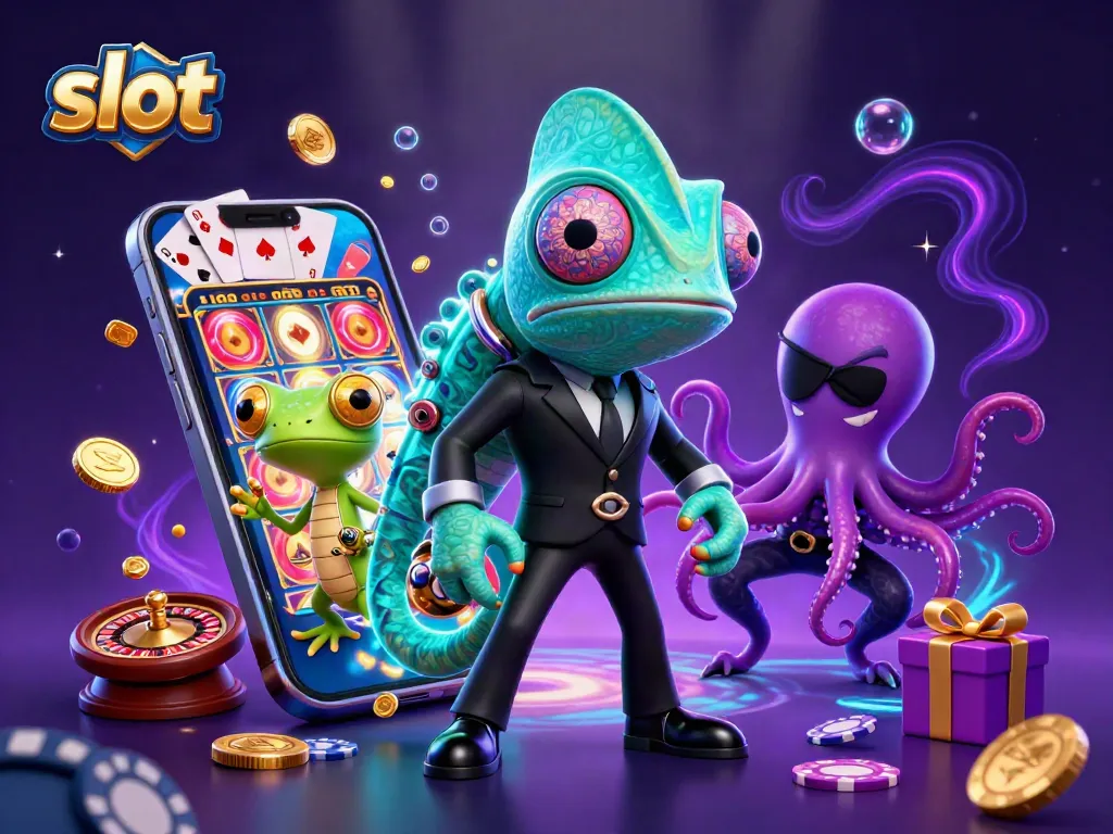 Slot game menampilkan chameleon agen rahasia, gekko genius, dan cumi-cumi villain.