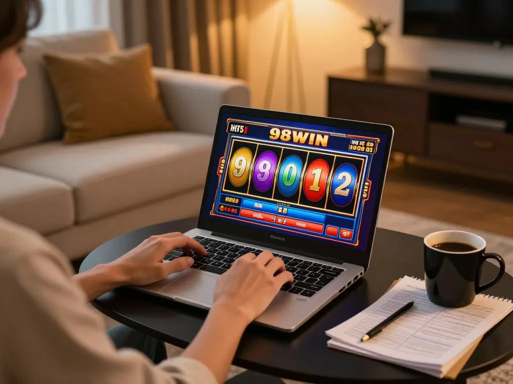 Engaged player using 98win for online slots gaming in a cozy home setting