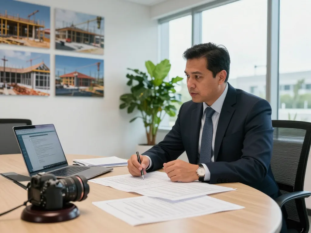 Boca Raton Construction Litigation Lawyer consulting with contractor in modern office setting.