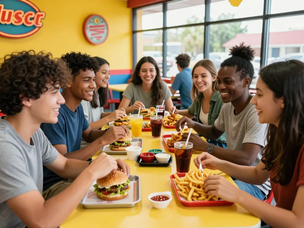 Delicious fast food menu items shared among friends in a lively restaurant setting