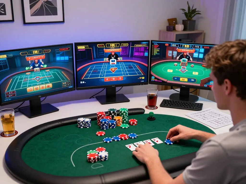 O8 online poker gameplay showcasing a focused player with colorful casino chips and strategy notes.