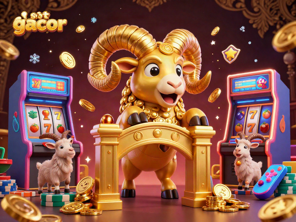 Menggali kemenangan dengan slot gacor, menampilkan domba emas dan mesin slot berkilau di kasino.