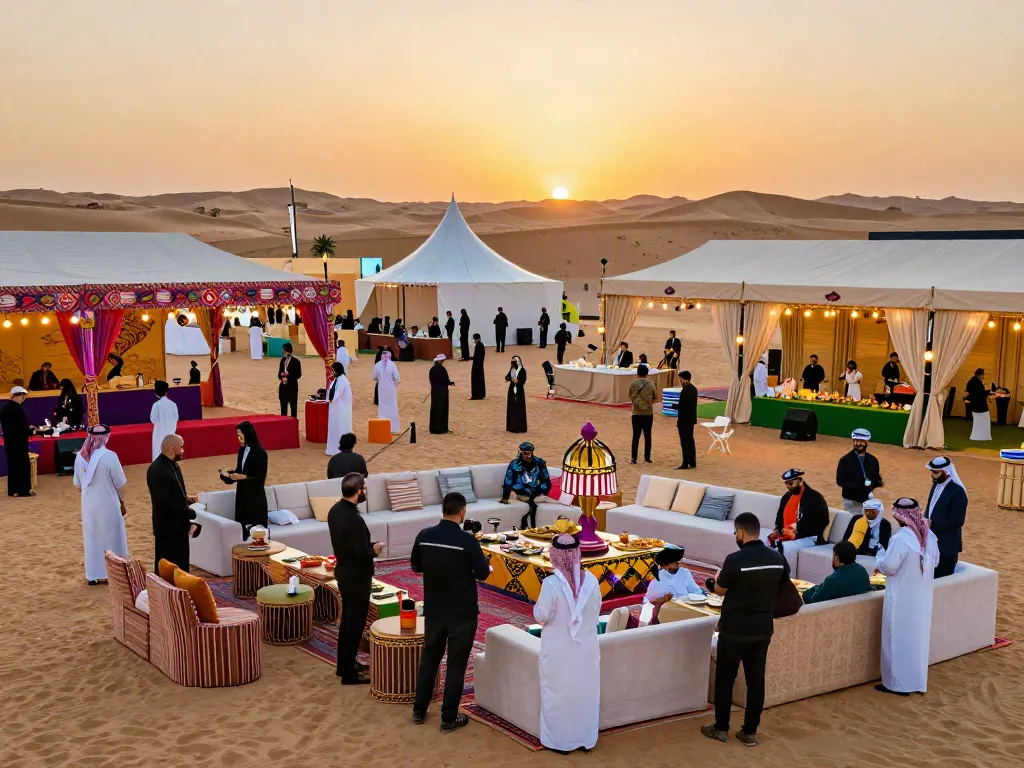 Event rentals setup at a vibrant cultural festival in Saudi Arabia, showcasing luxurious tents and decorations.