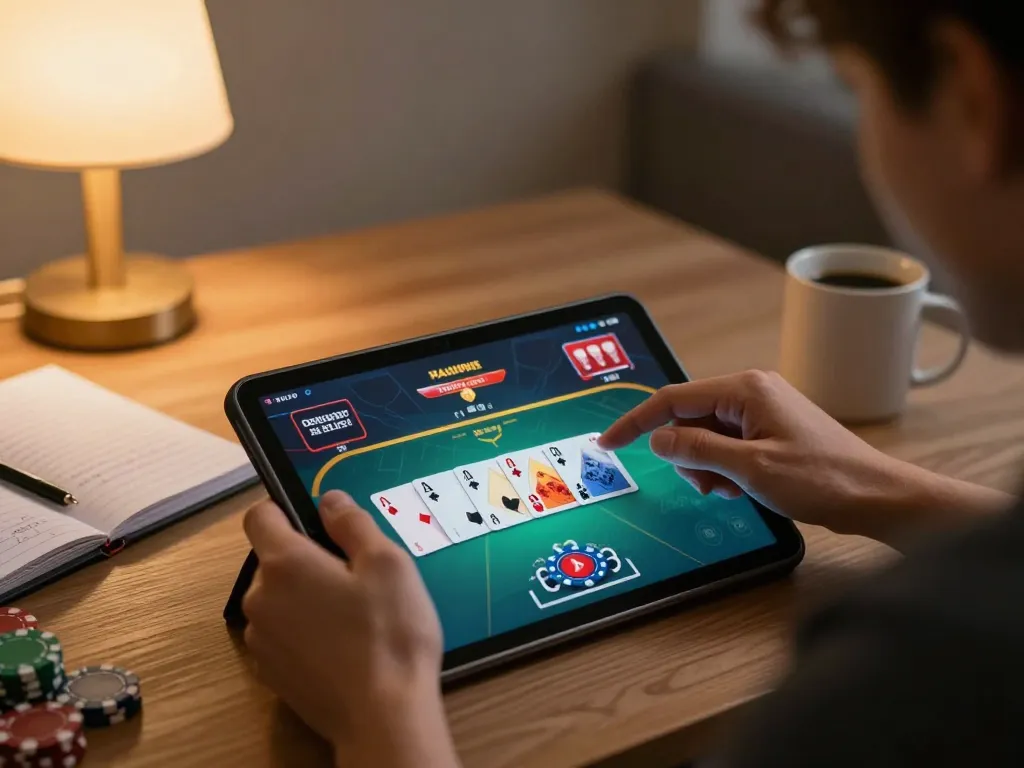 Engaged player experiencing 58win poker game on a tablet in cozy home setting