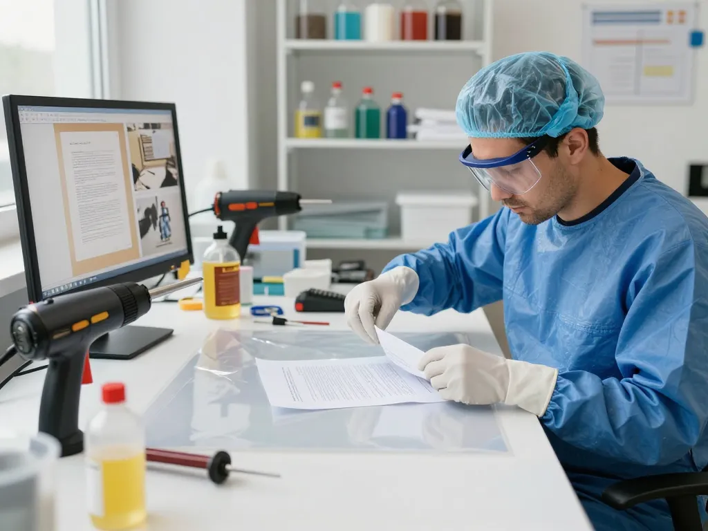 Expertly bóc plastic from important documents with tools in a professional restoration workspace.