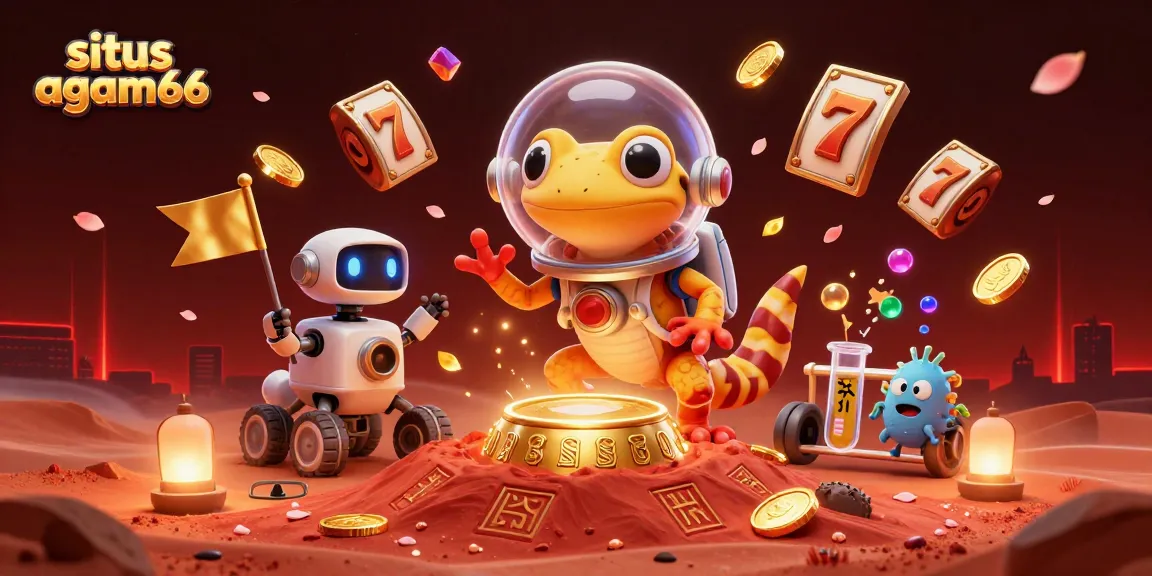 Play exciting games on situs agam66 with a dynamic casino scene featuring a Martian gecko and vibrant slot machines.
