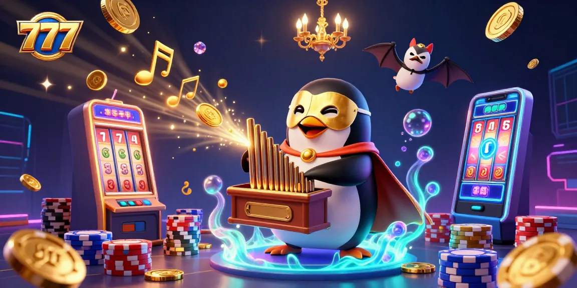 Play 777-themed slots with the whimsical penguin at an ultra-detailed casino illustration.