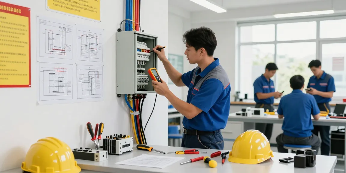 Choosing a certified electrical professional during inspection with tools in a modern workshop.