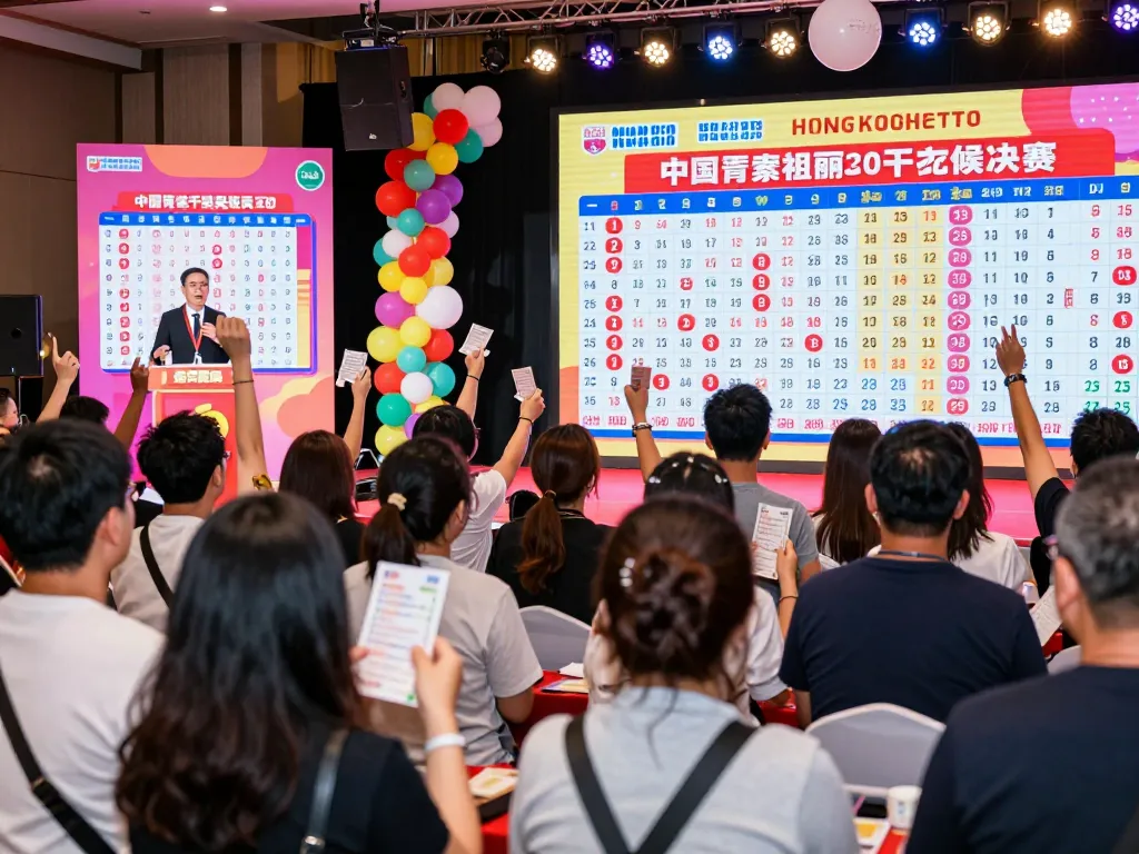 Excited crowd at a Hongkong Lotto live draw event celebrating winning numbers and prizes.