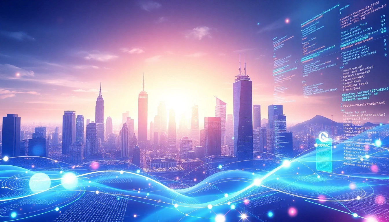 EORMC AI blockchain development in a futuristic city with dynamic data streams and innovative technology.
