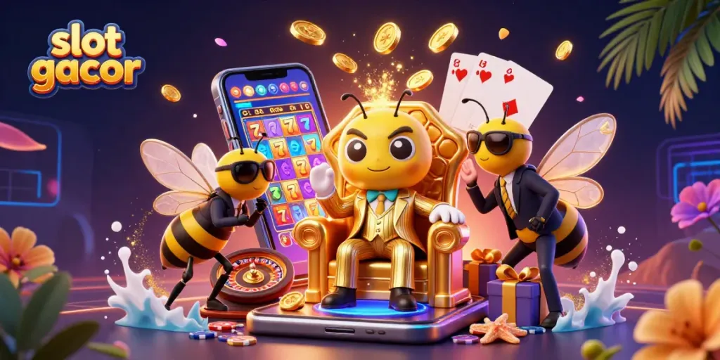 Engaging scene showcasing slot gacor with a bumblebee mob boss and his entourage amidst vibrant gambling elements.