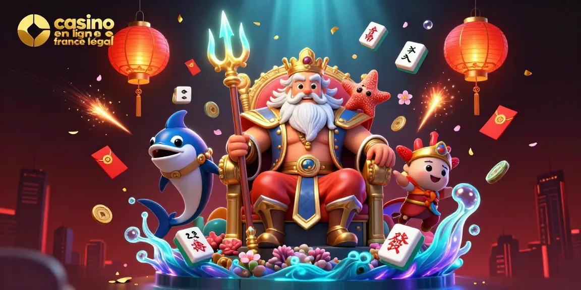 Illustration dynamique de casino en ligne france légal avec Neptune, créatures et éléments colorés
