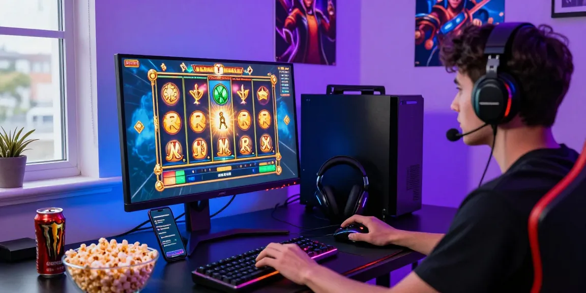 Engaging gaming setup with playbook88 link displayed on a vibrant monitor, showcasing online slot excitement.