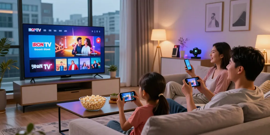 Family enjoying Iron TV streaming on Smart TV in cozy living room.