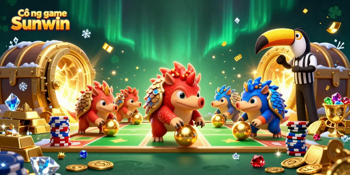 Experience the excitement of Cổng game Sunwin with animated pangolins bowling through poker chips amidst gems and treasures.