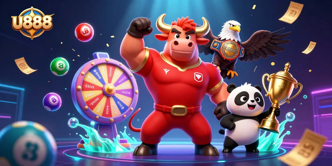 Experience thrilling u888 gaming with a victorious bull mascot and a cheerful panda, surrounded by vibrant lottery elements.