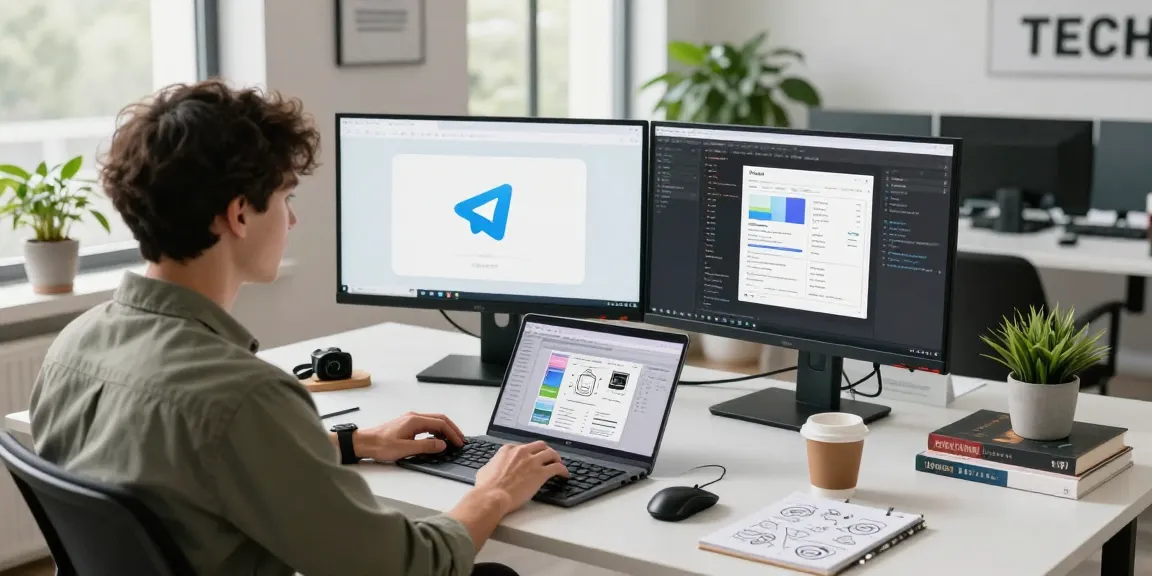 Developer using 纸飞机中文版 on dual monitors in a modern tech workspace