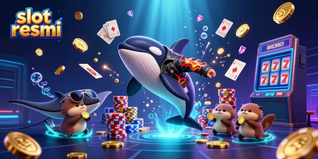 Play slot resmi with engaged cartoon characters and vibrant casino elements around them.