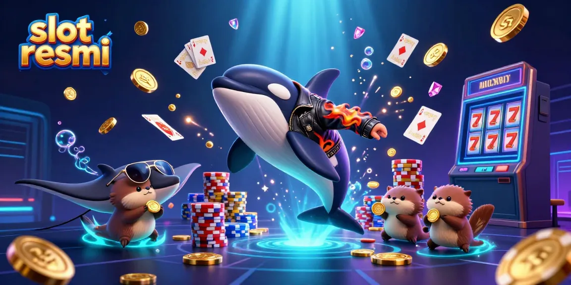 Play slot resmi with engaged cartoon characters and vibrant casino elements around them.