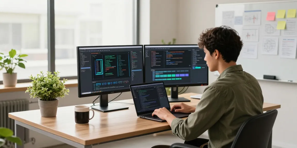 Engaging tech workspace with developer coding crushonai on dual monitors in a modern office