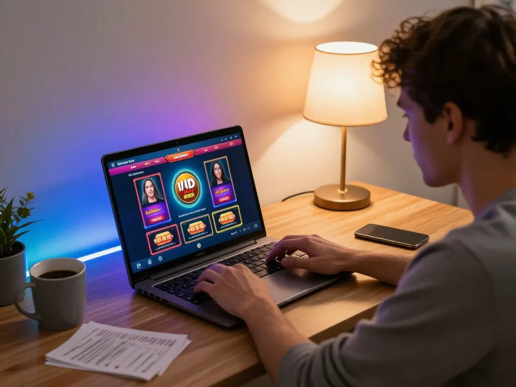 Engaged player using viral4d online casino interface illuminated by RGB LED lights.