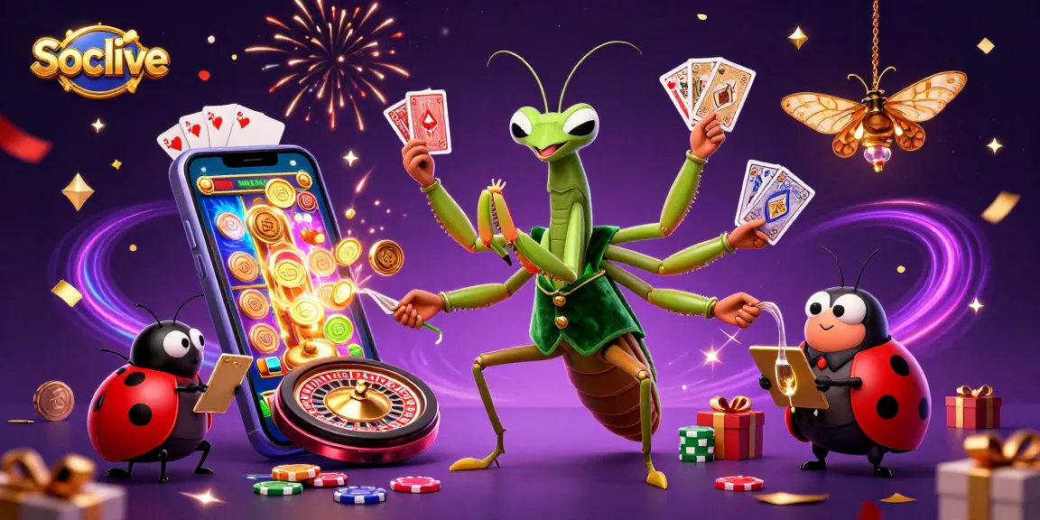 Socolive brings excitement to gambling with a 3D cartoon praying mantis and ladybug in a vibrant casino atmosphere.