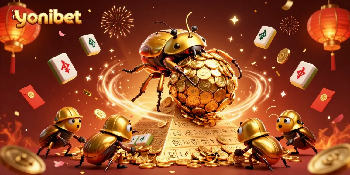 Engage with Yonibet's vibrant gaming world, featuring energetic cartoon beetles amidst exploding fireworks.