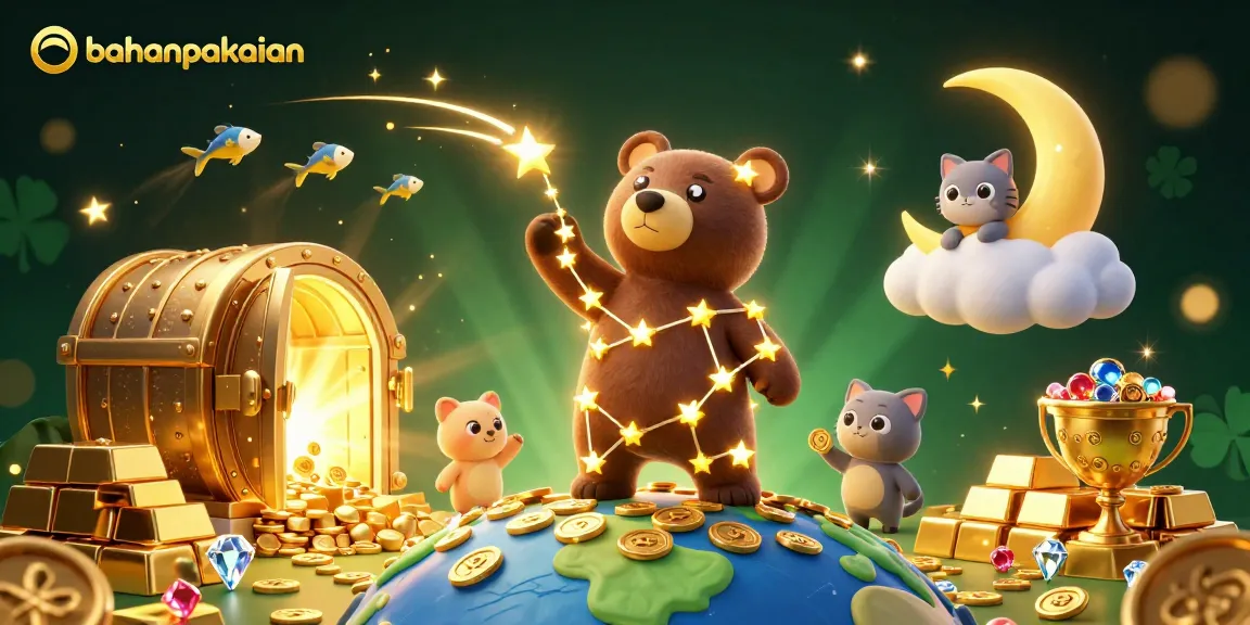 Engage with bahanpakaian's enticing gaming art featuring vibrant golden treasures and constellation characters.