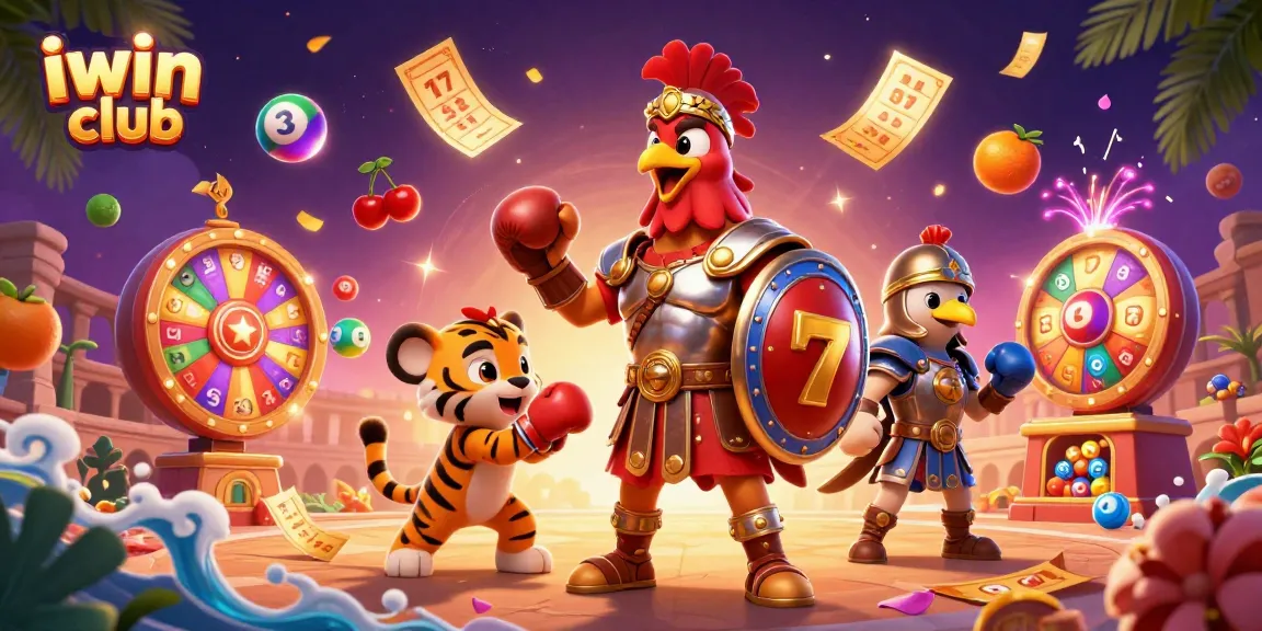 Experience the thrill of iwin club with dynamic games and vibrant characters in a casino-themed illustration.