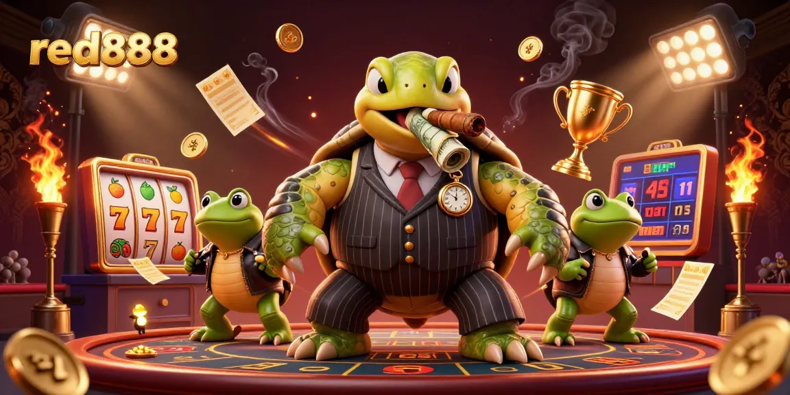 Experience the excitement of red888 with a unique illustration featuring a mobster turtle and friends in a casino scene.