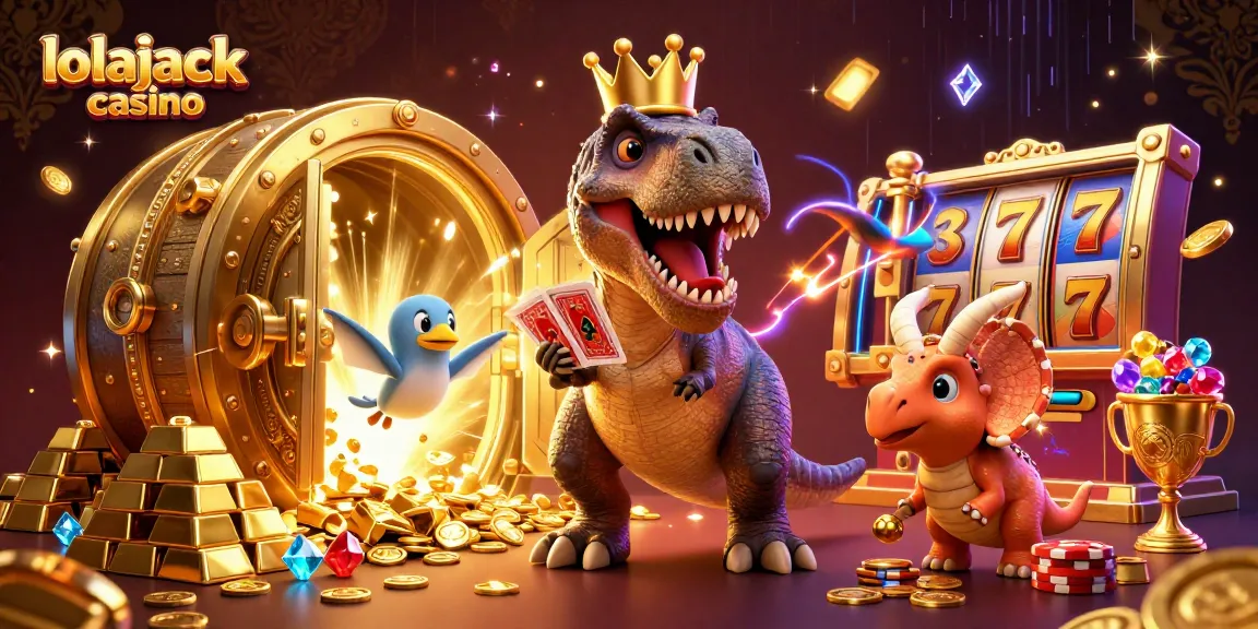 Engage in thrilling gameplay at lolajack casino with friendly dinosaurs shuffling cards and stacking chips.