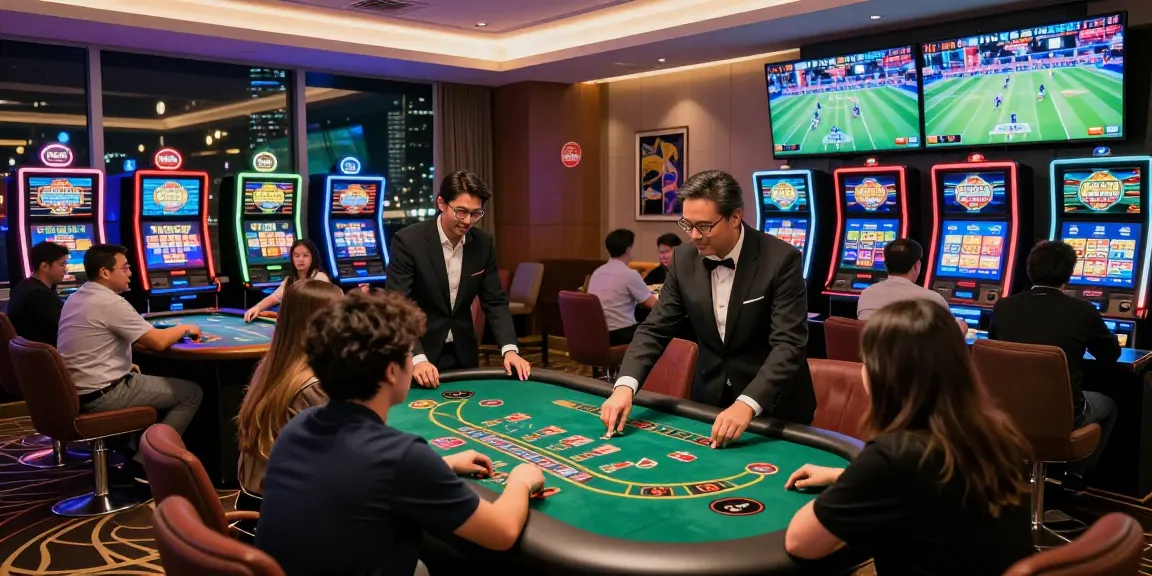 Exciting gaming experience at MBM娛樂城 with players at tables and electronic games, showcasing the vibrant atmosphere.