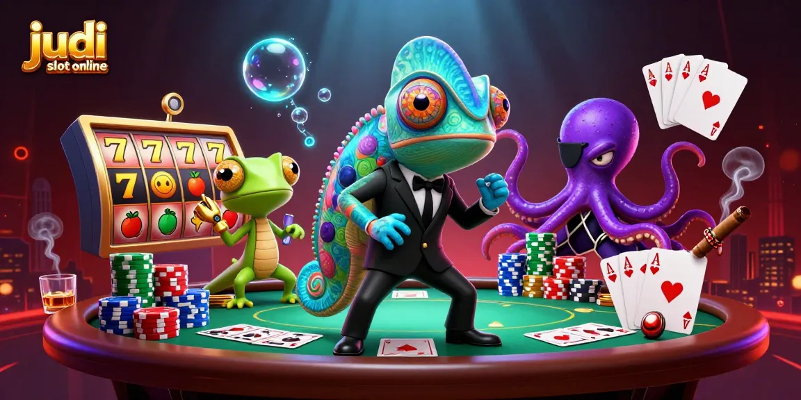Bermain judi slot online dengan chameleon agen rahasia dan teman gecko di tengah keseruan kasino.
