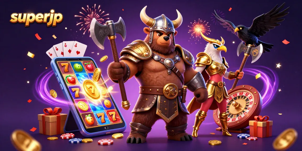 Experience the thrill of superjp with a vibrant 3D scene of a Viking bear and Valkyrie eagle amidst exciting slot games.