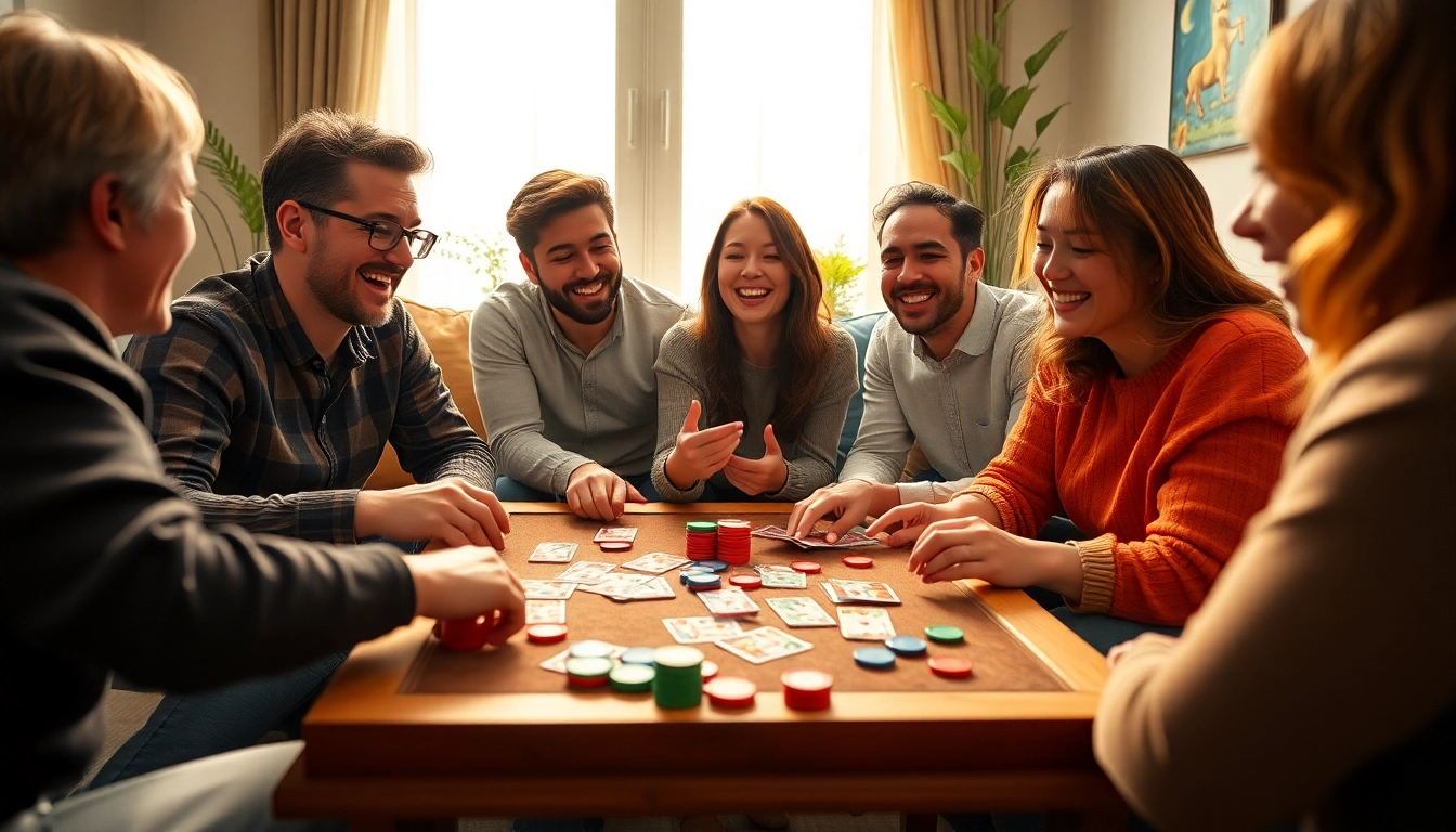 Engaged players enjoying yono rummy in a vibrant living room scene with a lively atmosphere.