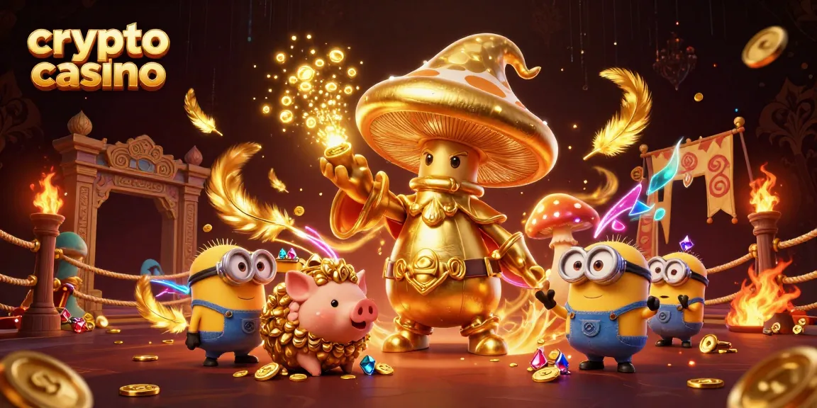 Casino crypto : illustration d'un sorcier en champignon doré canalisant la magie parmi des piges et des gemmes