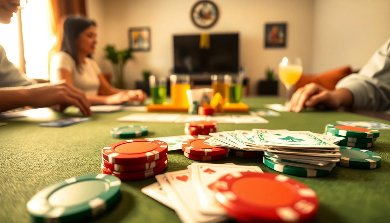 Players enjoying Yono Rummy in a vibrant card game atmosphere with colorful cards and chips.