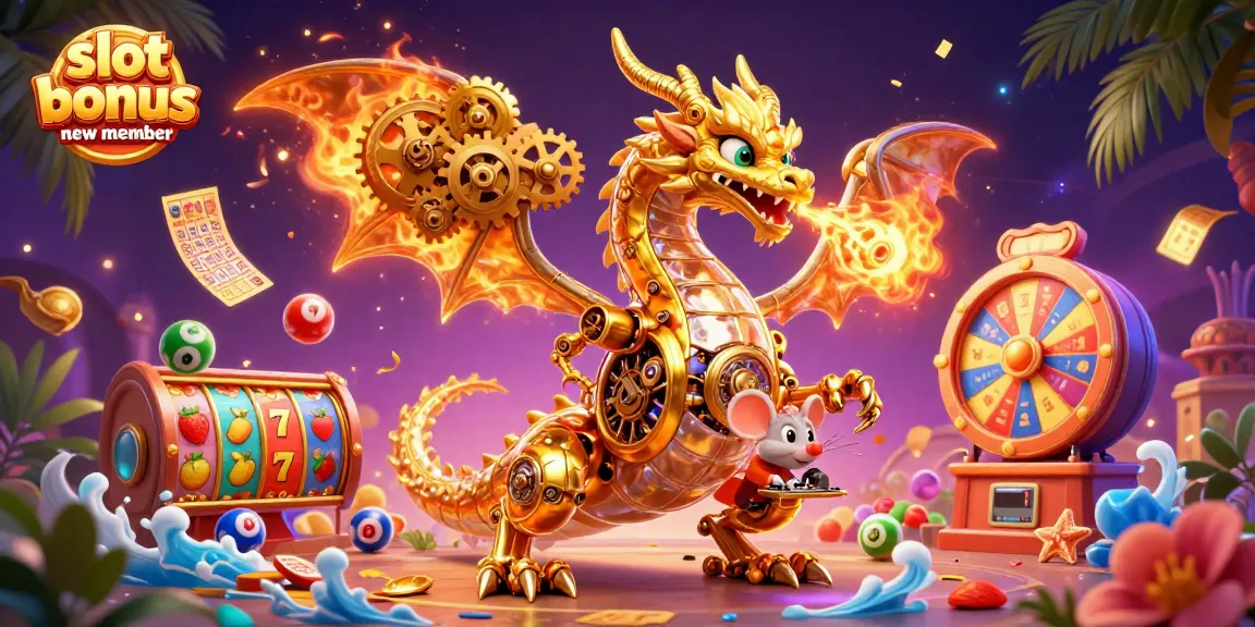 Experience winning with slot bonus new member in this vibrant casino illustration filled with exciting elements.