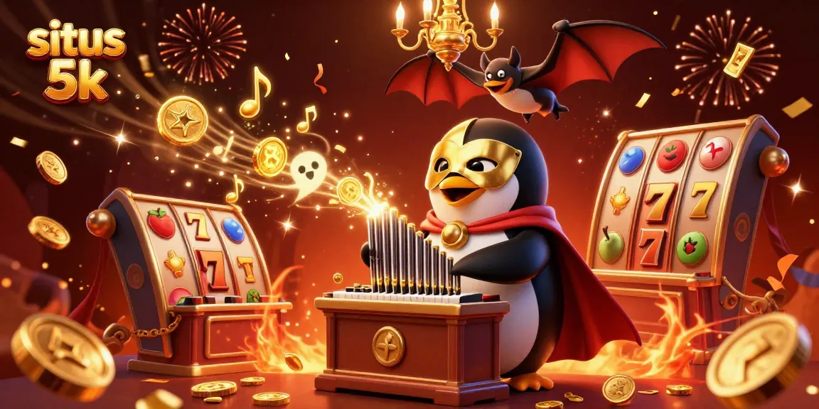 Experience the excitement at situs 5k with a vibrant 3D casino scene featuring lucky slot symbols, golden coins, and cheerful characters.